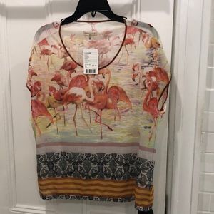 Dream Daily Anthropologie sheer(ish) flamingo short sleeve top
